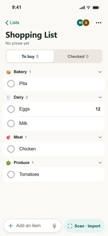 The shopping list with items in Bakery, Dairy, Meat and Produce sections.