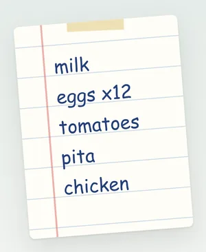 A handwritten list on ruled paper: milk, eggs x12, tomatoes, pita, chicken.