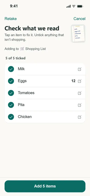 Check what we read: milk, eggs 12, tomatoes, pita and chicken, each ticked, with an Add 5 items button.