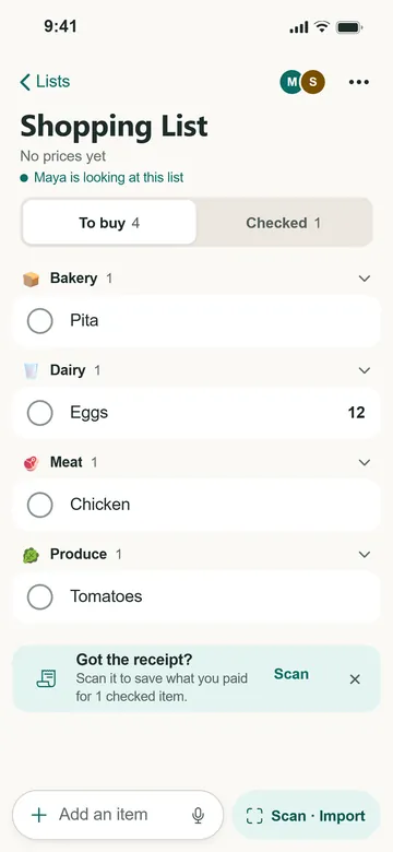 Sam's phone after checking off milk: 4 to buy, 1 checked, and a note that Maya is looking at this list.